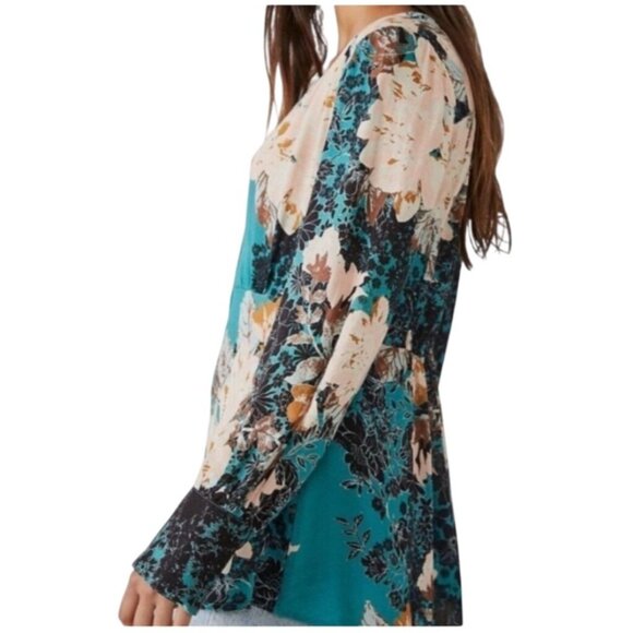 Free People Womens Size Medium Green Mikayla Print Long Sleeve Deep V Neck Tunic - Picture 3 of 9